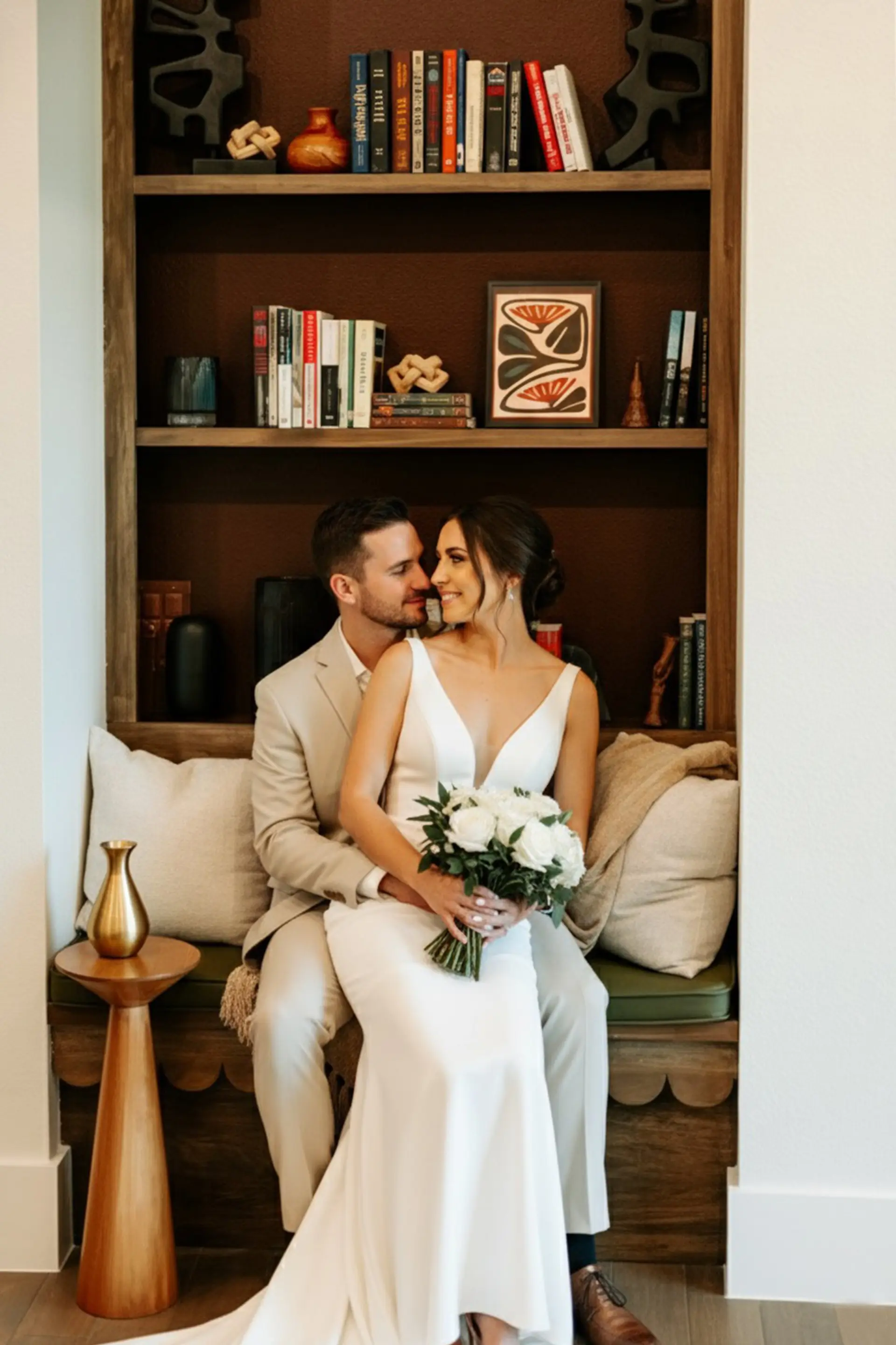 Newlywed couple celebrating their elopement at The Penrose House reading nook
