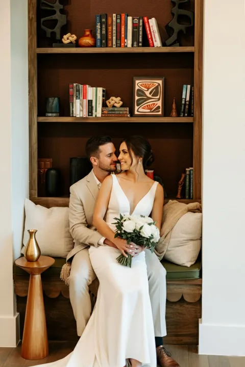 Newlyweds in the reading nook at The Penrose House