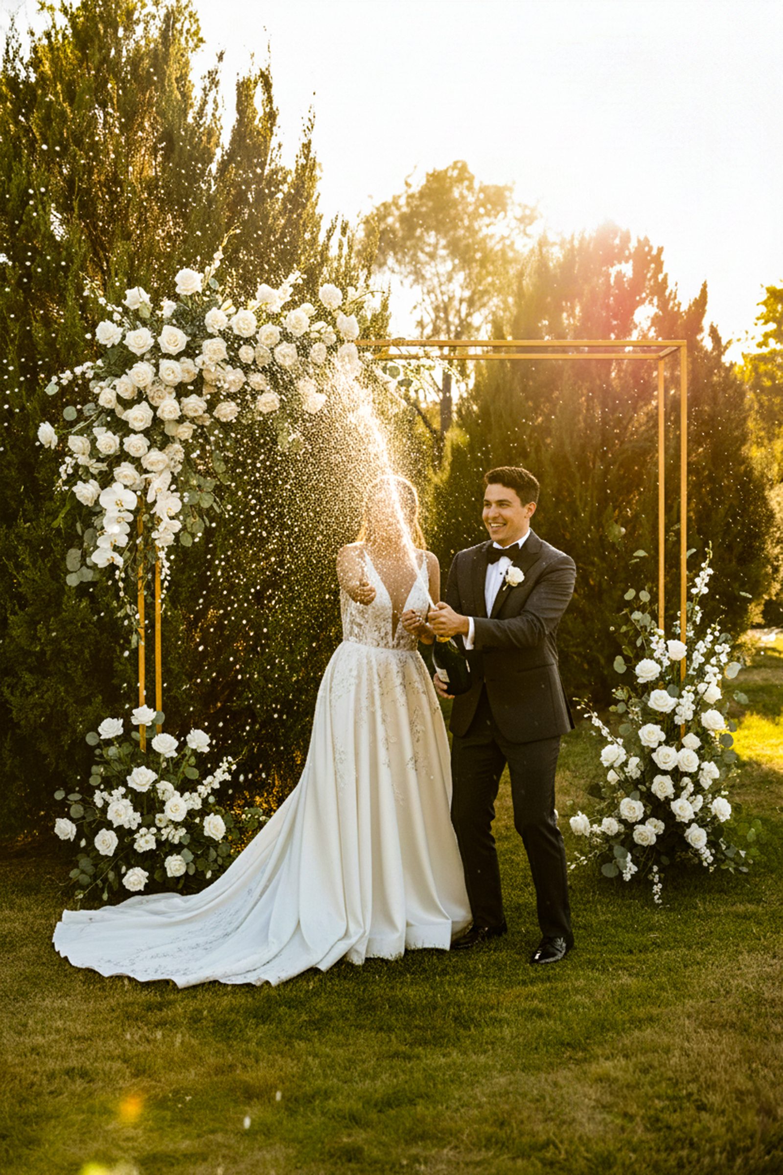 Bride and groom champagne pop under gold arch with white florals at sunset at The Penrose House