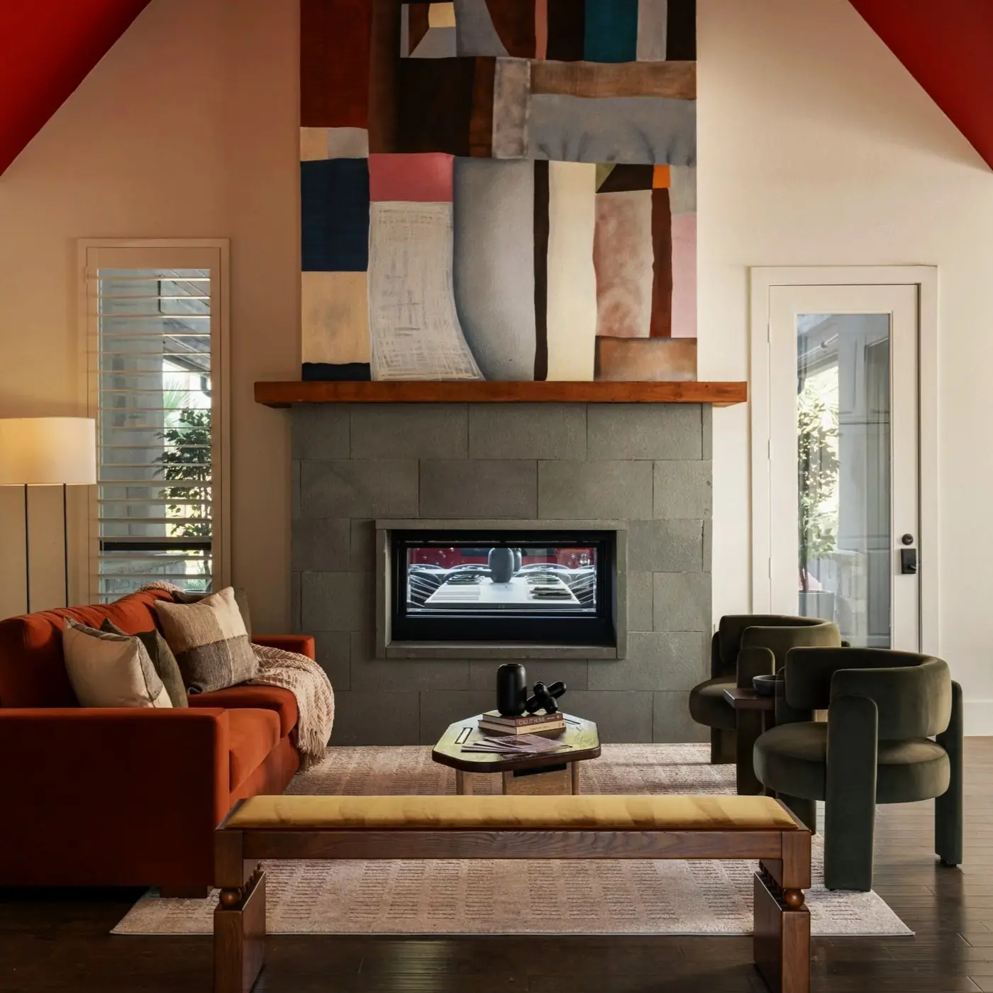 Modern living room interior with fireplace at The Penrose House
