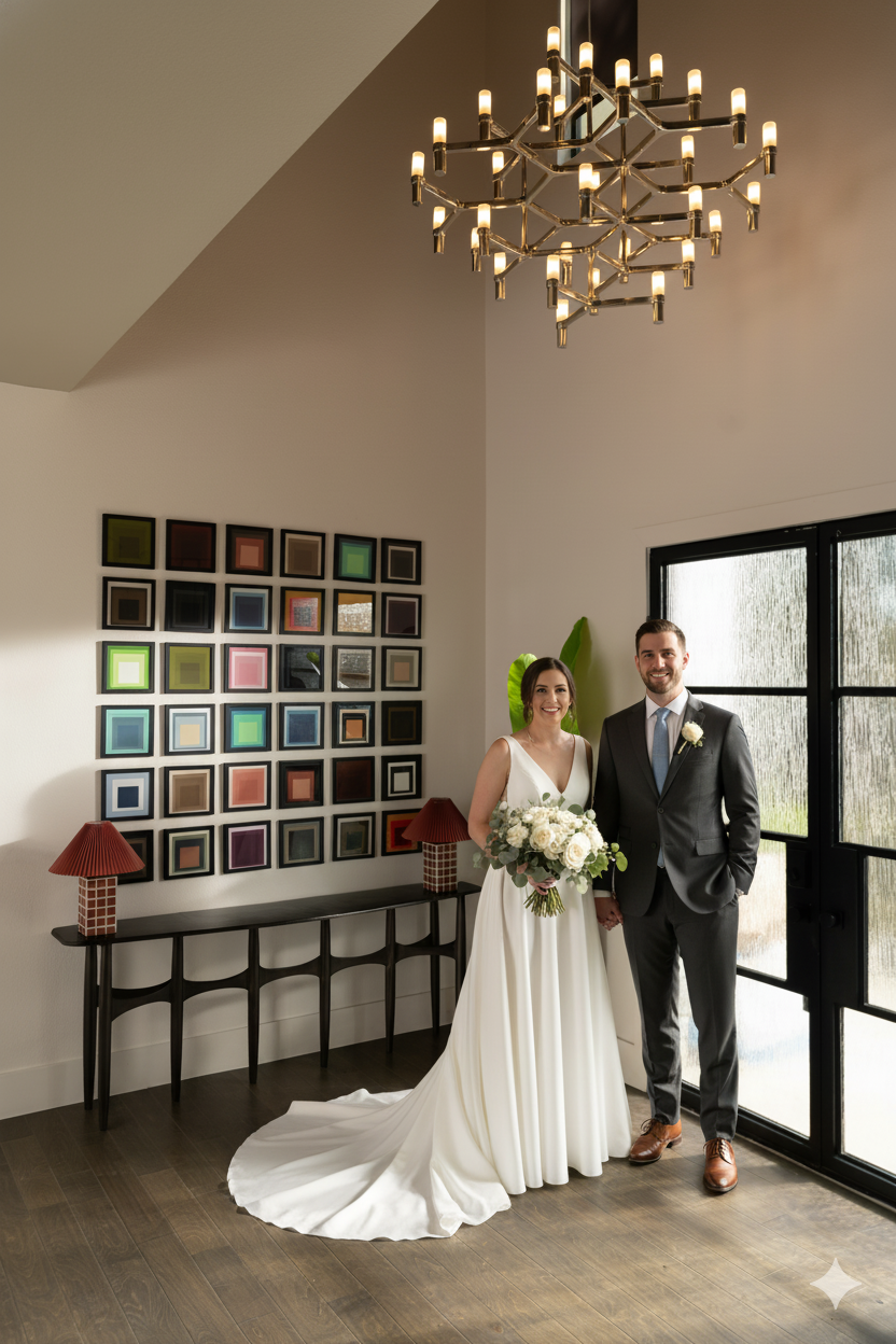 A bride and groom standing indoors near a large window, holding hands, with the bride holding a bouquet of flowers. The bride is in a white wedding dress, and the groom is in a dark suit with a tie. There is modern wall art and lamps behind them, and a large chandelier is hanging above.