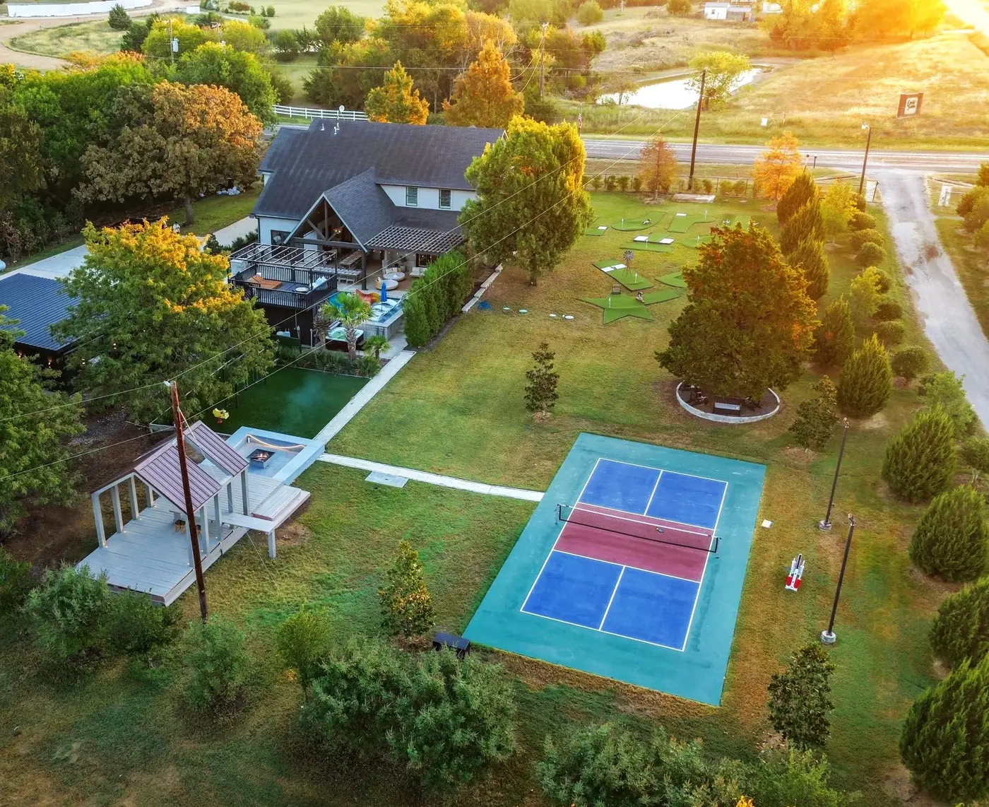 Aerial view of The Penrose House estate, an on-site lodging wedding venue in Princeton TX