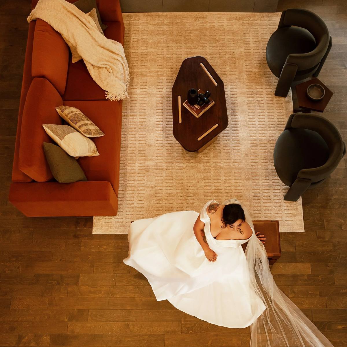 Overhead view of a bride in the Living Room, The Penrose House