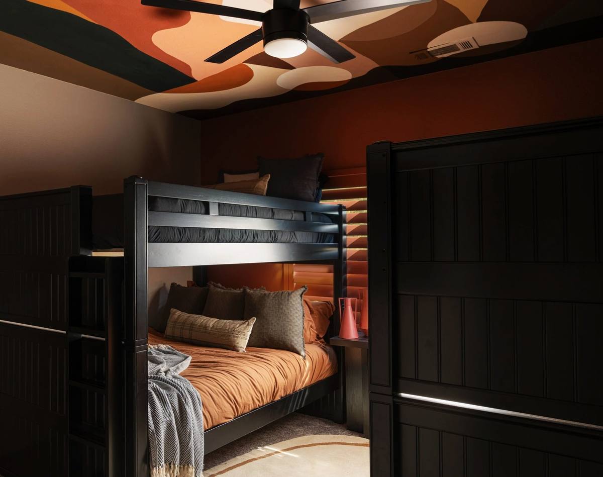 Bunk room with painted ceiling mural, The Penrose House
