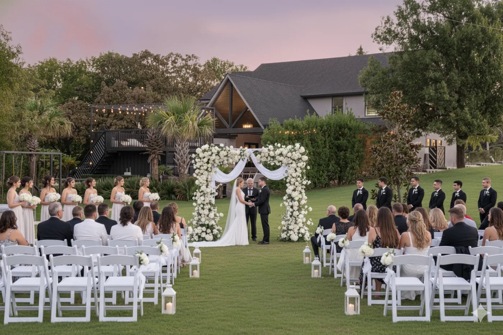 Sunset lawn ceremony with white floral arch, bride and groom and bridal party flanking the aisle