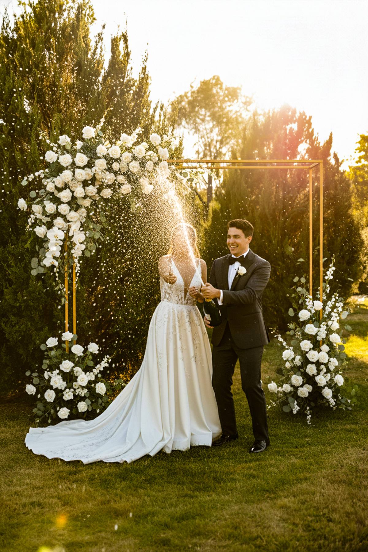 Couple with champagne under the floral ceremony arch in the Penrose Garden at sunset, The Penrose House